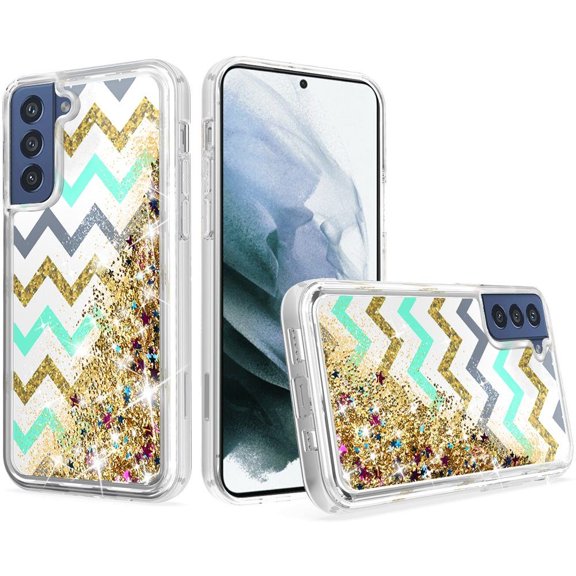 Bemz Slim [Liquid Glitter Quicksand] Cover Designed for Galaxy S21 FE Case - Teal & Gold Zig Zag Lines