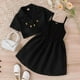 thumbnail image 5 of Chaqueta Elegante Verano para niñas pequeñas, traje de manga corta de Color sólido, chaqueta, vestido con tirantes, conjunto de trajes de dos piezas para niños, ropa,blazer moda（Negro， 3-4 años), 5 of 5