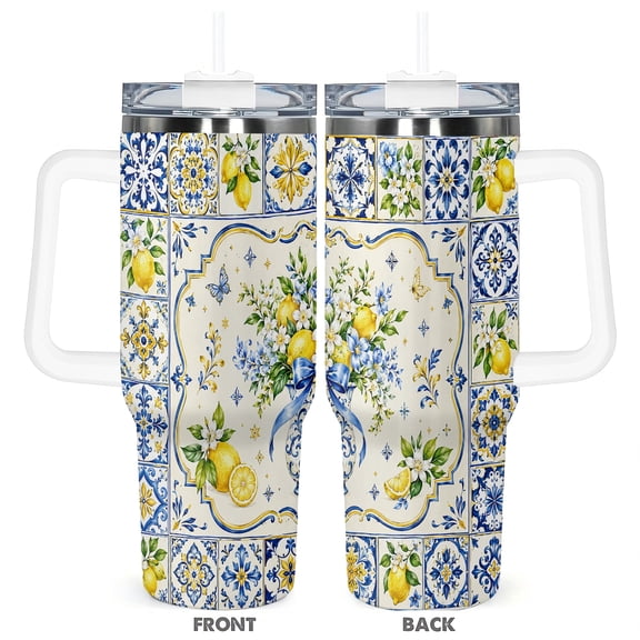 40oz Lemon Blue Floral Tile Print Insulated Car Tumbler Travel Coffee Cup with Handle and Straw Gift