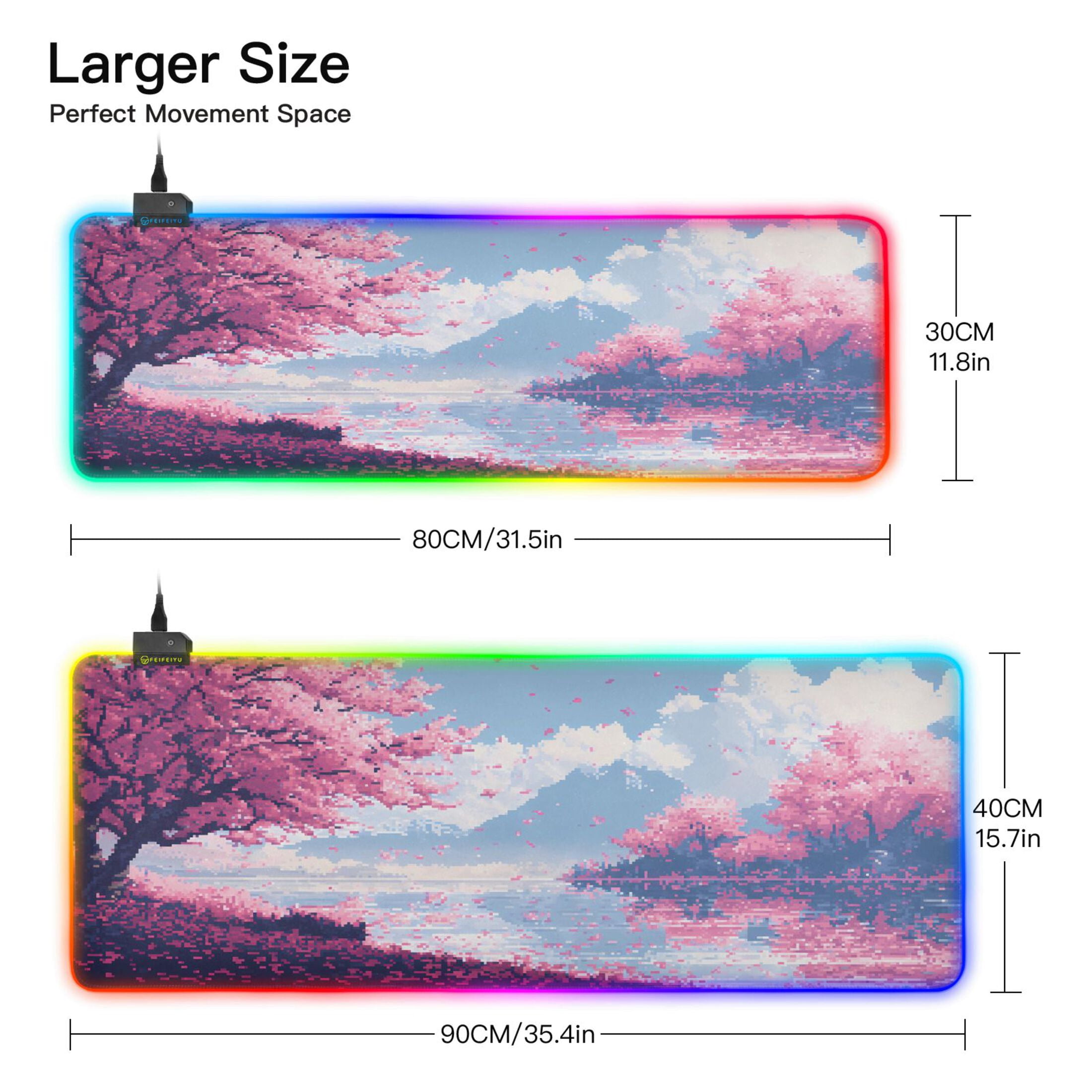 Large RGB Gaming Mouse Pad Led Glowing Mousepad Non-Slip Rubber Base 13 Light Modes 31.5x11.8 Cherry Blossom Trees with Falling Petals