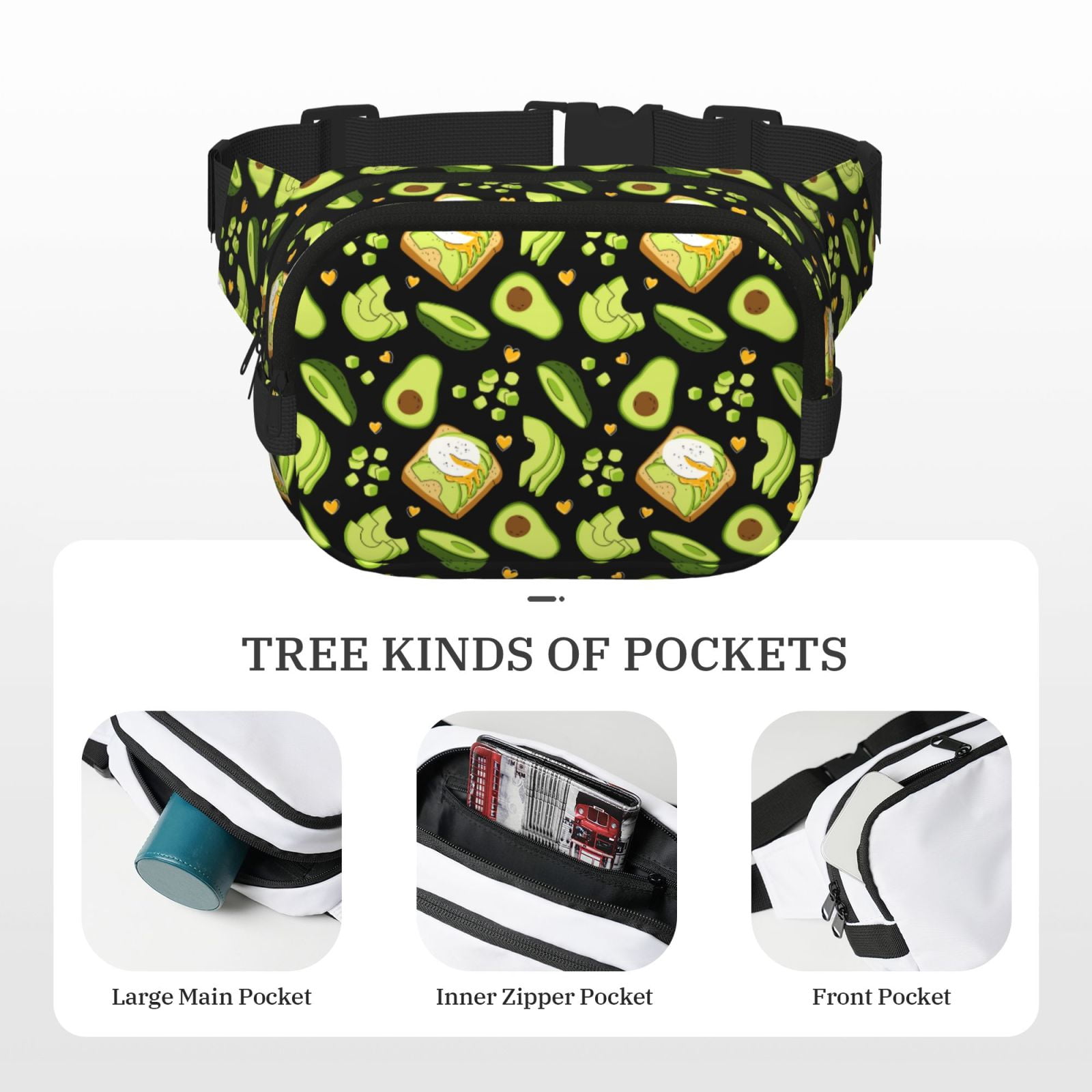 Picia Avocado Toast Print Square Double-Layer Waist Bag Mini Adjustable Waist Belt Bag Exercise Running Travel Hiking