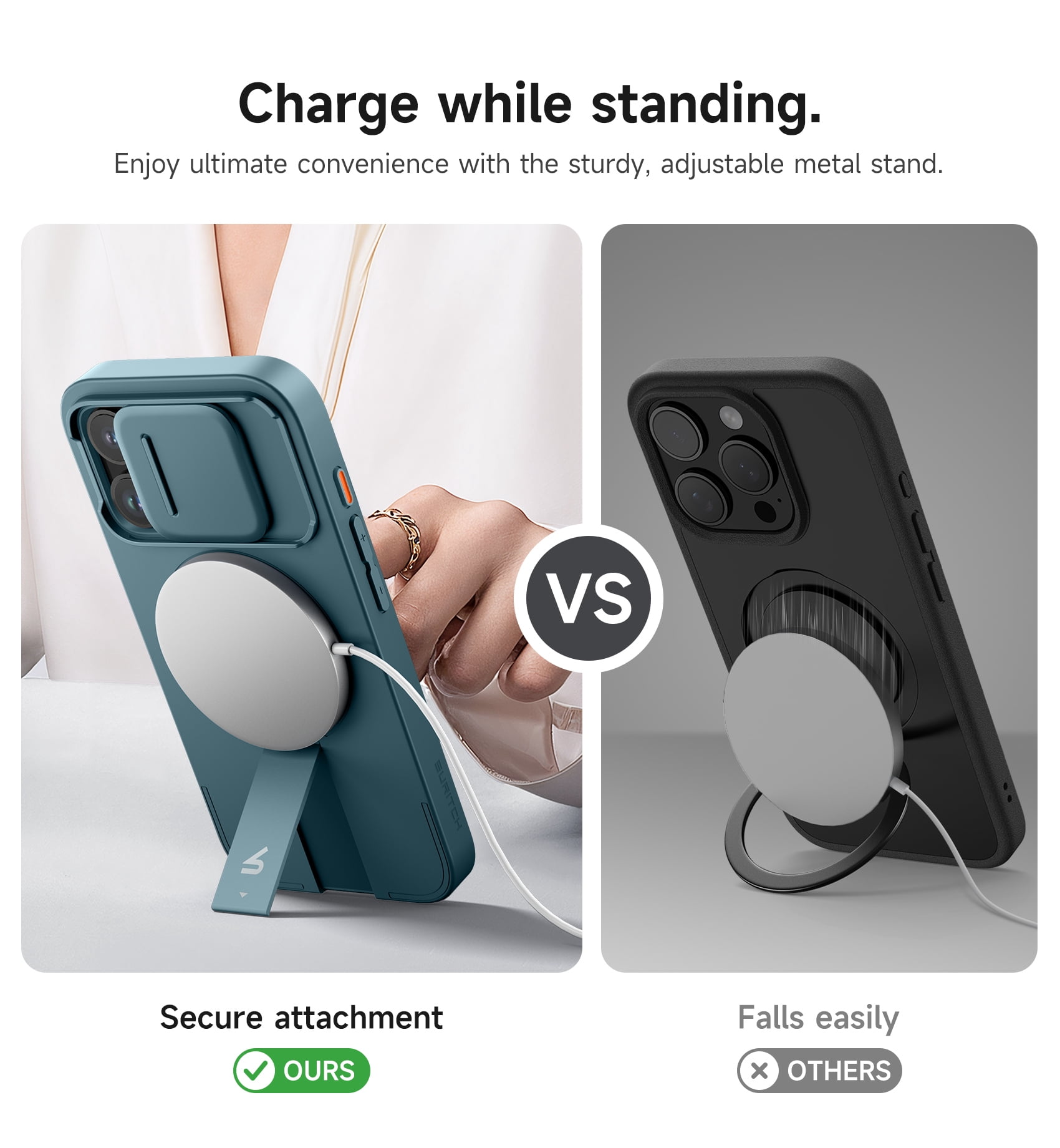 SURITCH for iPhone 15 Pro Case with Magnetic Camera Slide Cover and Adjustable Kickstand, Compatible with MagSafe, Shockproof Bumper Case Slim Protective Cover, Dark Green