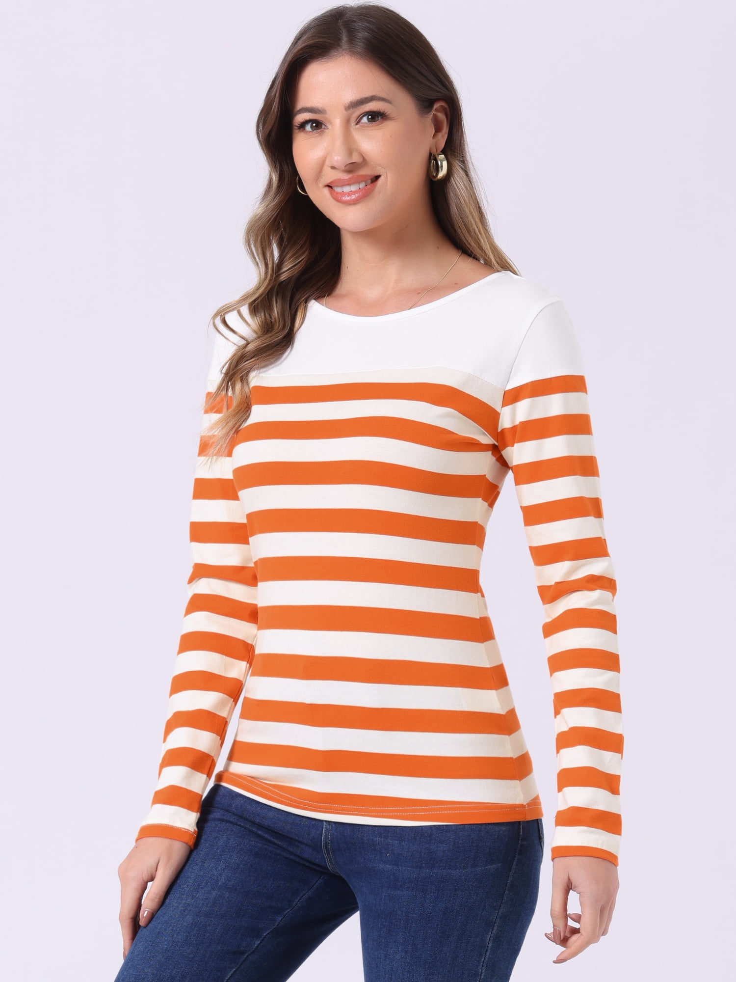 DARING DIVA Women's Color Block Striped Knit Top Long Sleeves T-Shirt S Orange