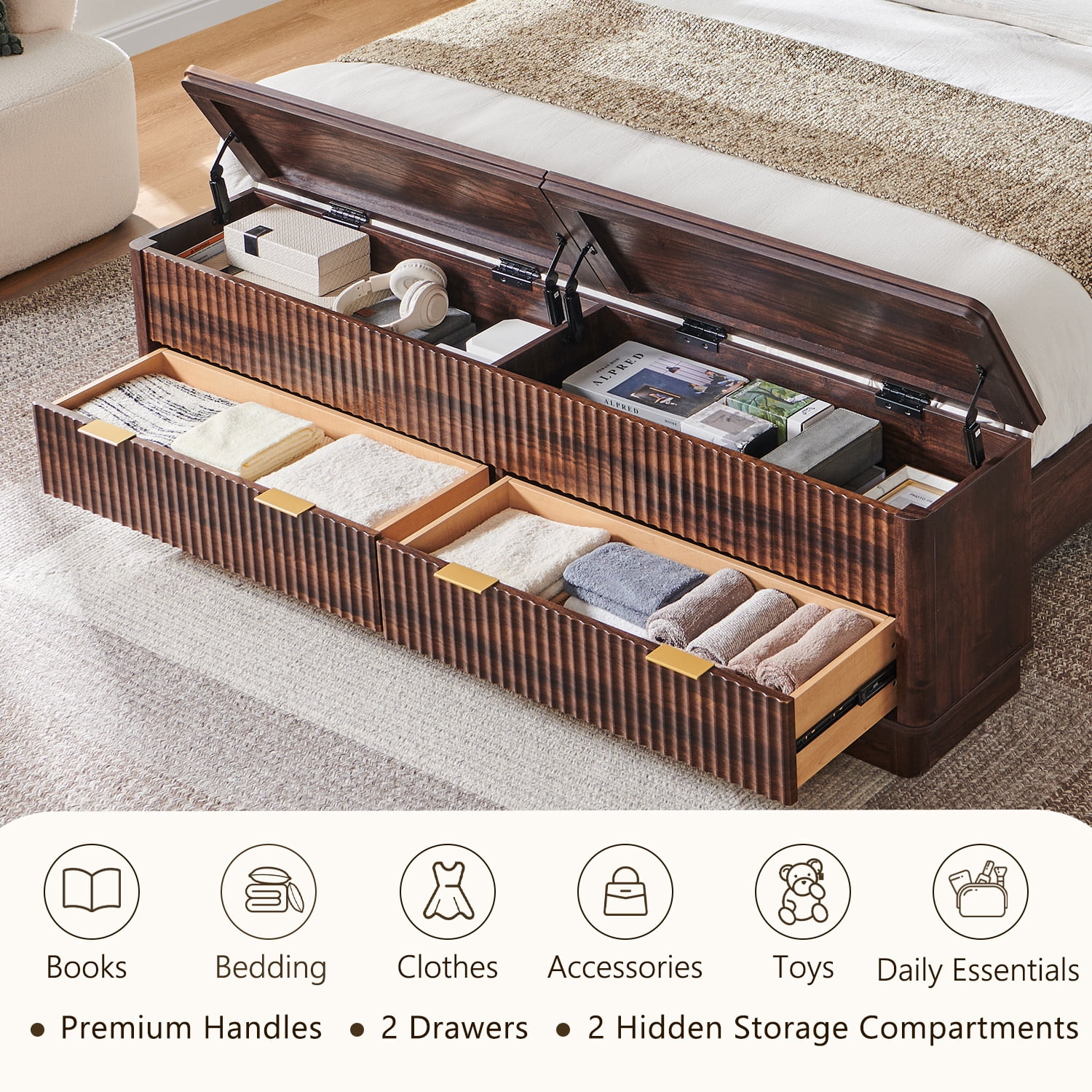 KeyWhat Modern Fluted Queen Size Bed Frame with Headboard & Storage Footboard, Built-in Drawers & Lift-Up Gas Struts, Solid Wood Slats, No Box Spring Needed, Dark Walnut