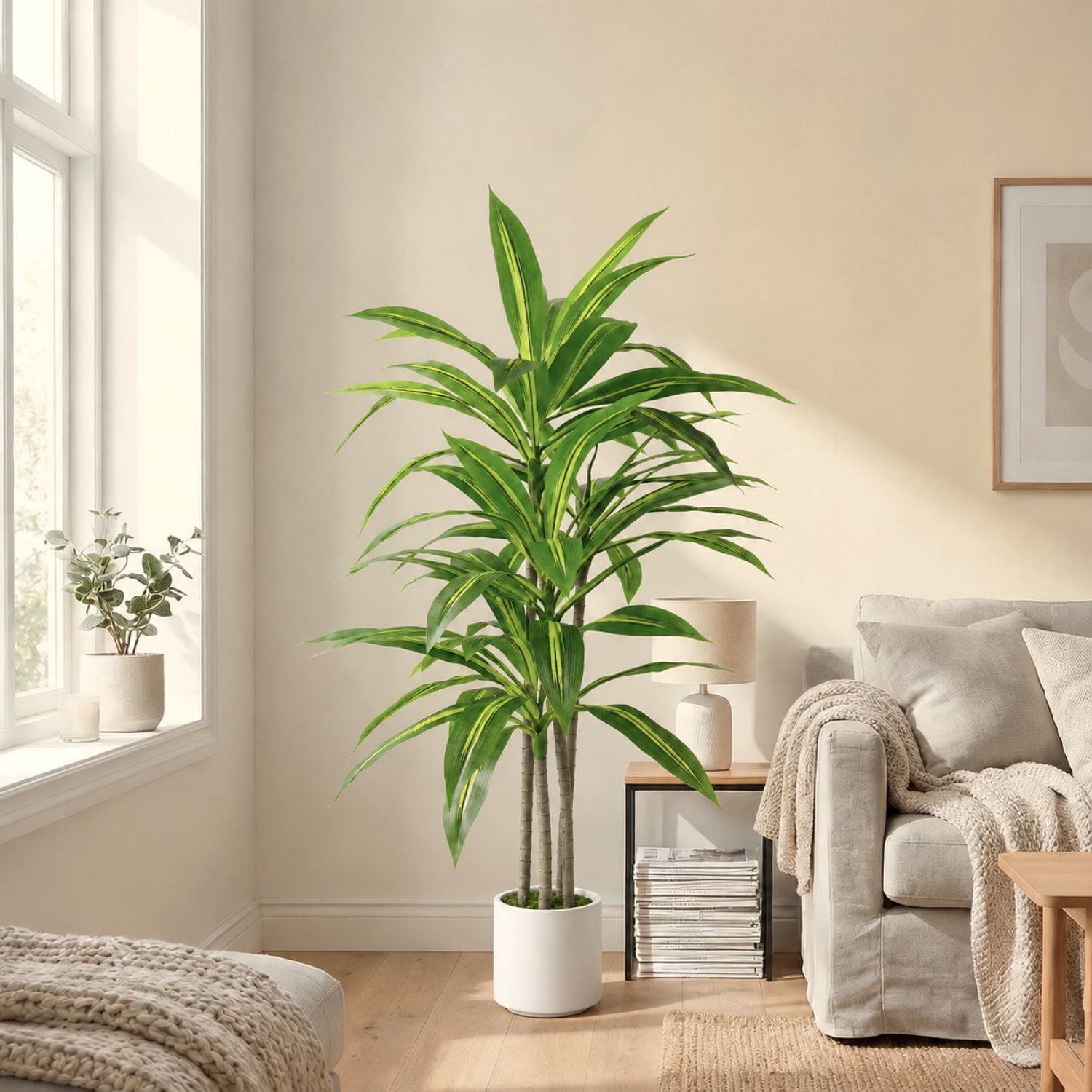 Easy4Home 4FT Artificial Plant Fake Dracaena Tree Potted Indoor Faux Floor Plant for Home Office Decor, White Pot