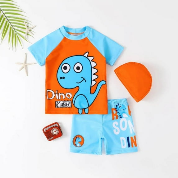 GYRATEDREAM Boys Two Pieces Swimsuit Set Short Sleeve Kids Rash Guard Dinosaur Boys Bathing Suit with Hat for 1-7 Years