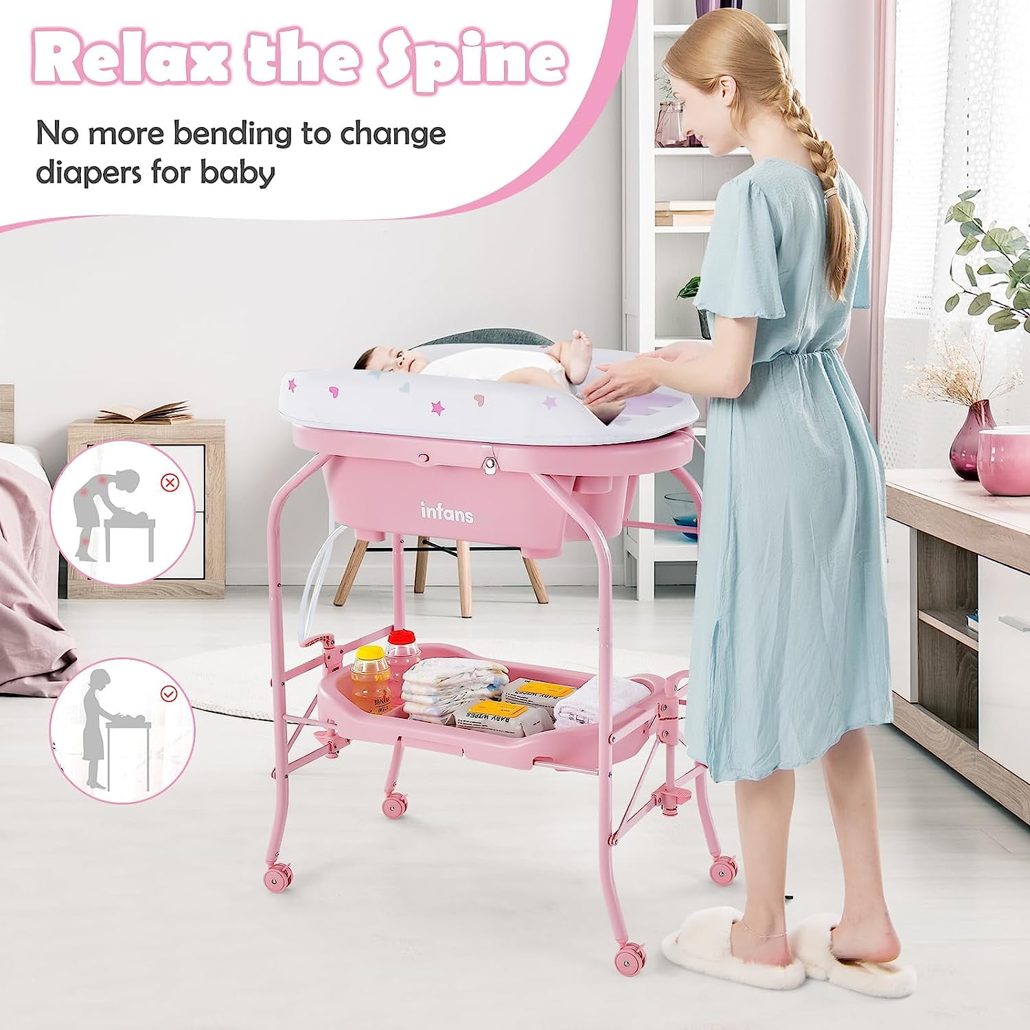 INFANS 2 in 1 Baby Changing Table with Bath Tub Unit, Folding Diaper Dresser Station with Wheels Waterproof Pad Storage Rack, Portable Nursery Organizer Stand for Newborn Infant
