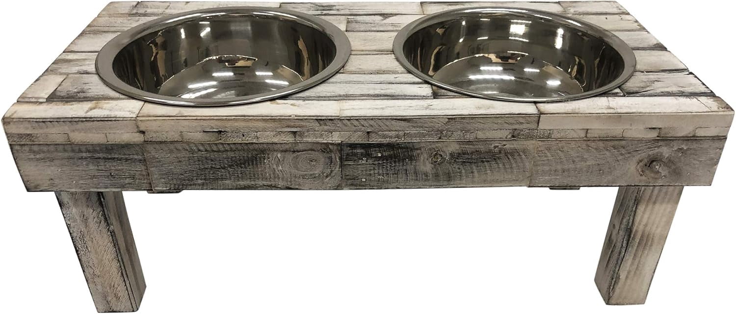 Huntley Pet Berjen Table Elevated Double Bowl Feeder, White Wash (Large)