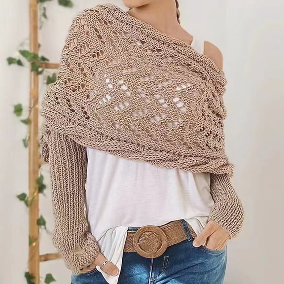 Nvzi-c Scarf with Sleeves for Women, Knitted Cable Wrap, Multifunctional Knitted Crochet Cocoon Shrug with Sleeves,Khaki