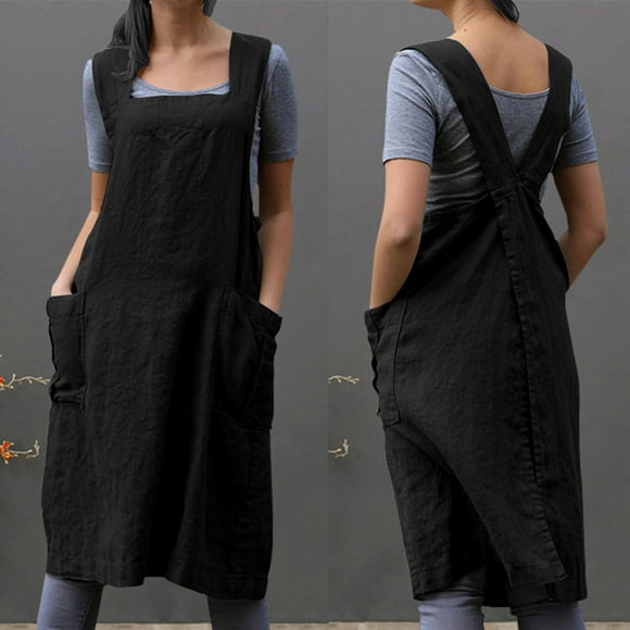 LOVZFMLL Women Vintage Back Casual Baggy Pinafore Midi Dress Black L