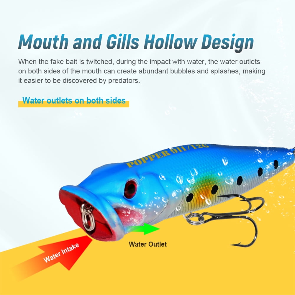 Elowen 3D Eyes Popper Lures Popper 8pcs Top Water Popper Lures 3D Eyes Artificial Fishing Lures with Hooks for Saltwater Freshwater Fishing