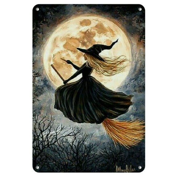 1pc Vintage Witch on Broomstick Metal Tin Sign - 8x12 Inch, Rustic Iron Wall Art, Multipurpose Home, Office, Cafe & Garage Decor, Wall Hanging, No Electricity Needed, for Halloween