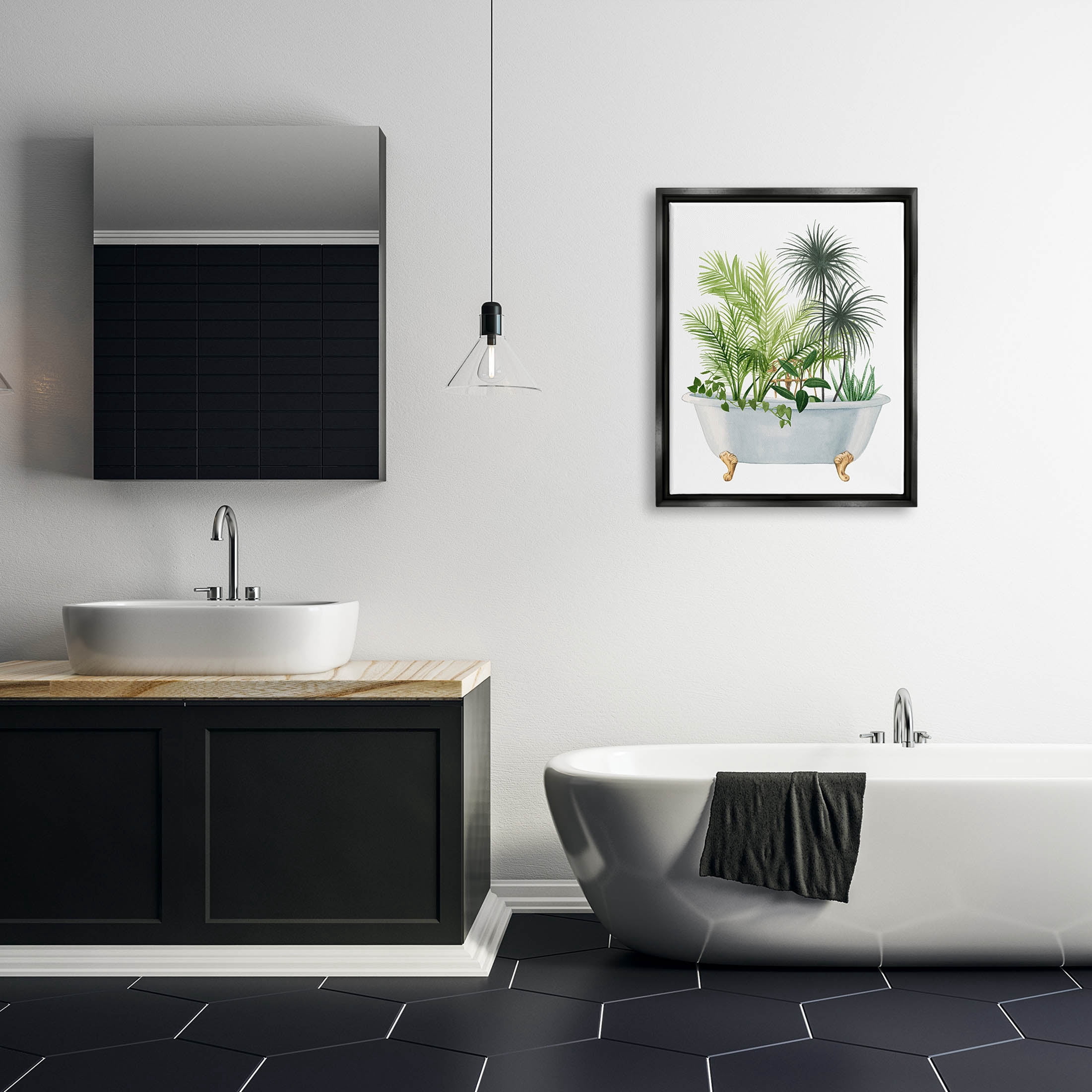Stupell Industries Mixed Plant Leaves Antique Bathroom Tub Graphic Art Jet Black Floating Framed Canvas Print Wall Art, Design by Grace Popp