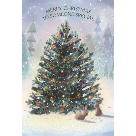 Pictura Two Rabbits and Decorated Tree in Forest Clearing Christmas Card for Someone Special
