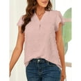 thumbnail image 2 of Jacquard Short Sleeve Blouse V Neck Ruffle Sleeved Casual Fitted Blouse Shirt for Women Lady Pink L, 2 of 6
