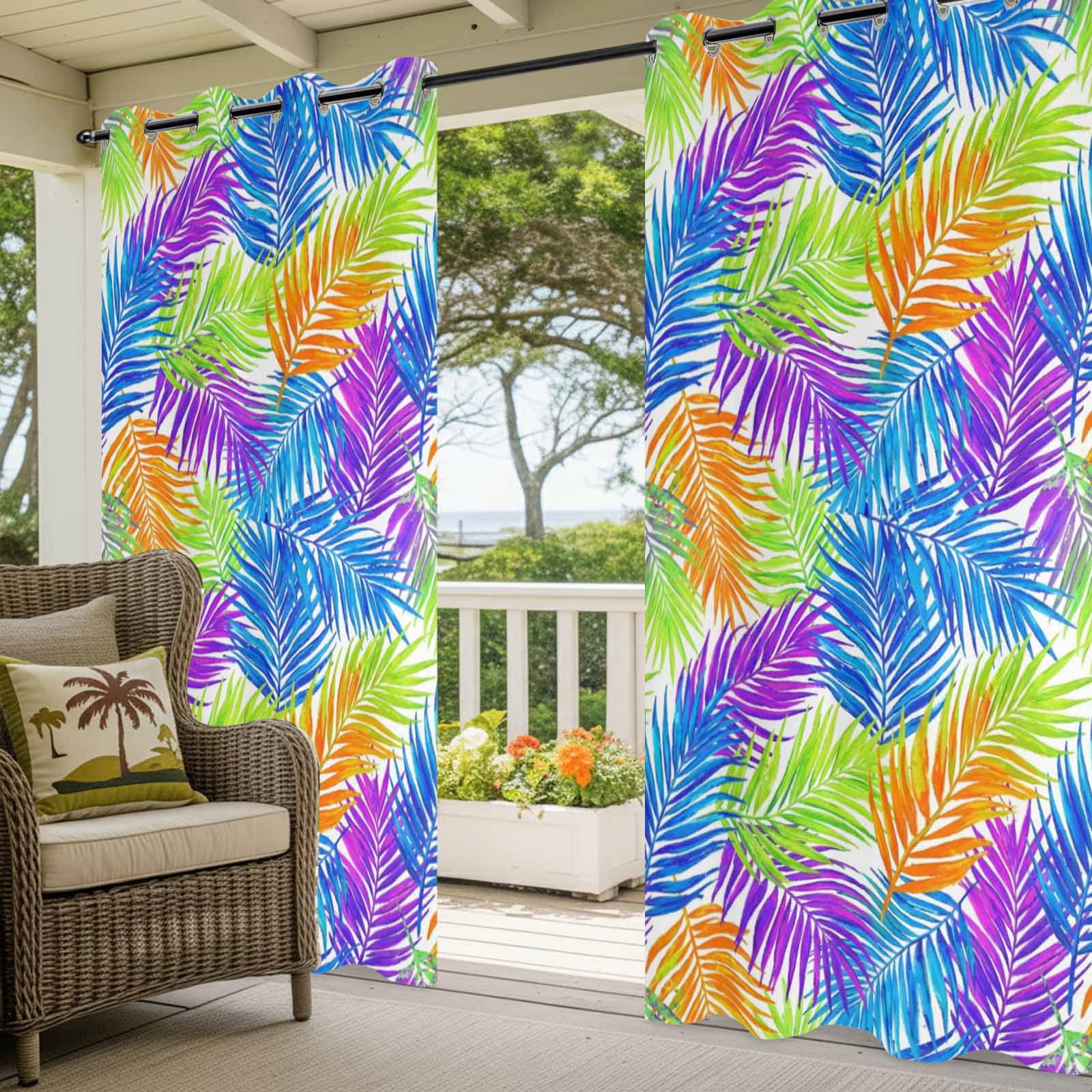 Colorful Palm Leaf Outdoor Curtains for Patio, Summer Rainbow Fronds Boho Purple Blue Yellow Leaf Sunshade Privacy Drapes Grommet Waterproof Outside Curtains for Porch Balcony 54"x108", 1 Panel