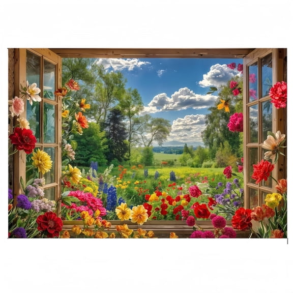 Summer Garden Window Scenery Polyester Photo Backdrop Lightweight Wrinkle‑Resistant Party Photography Background for Family Portrait Birthday Seasonal Indoor Outdoor Decor 59.1x39.4 in