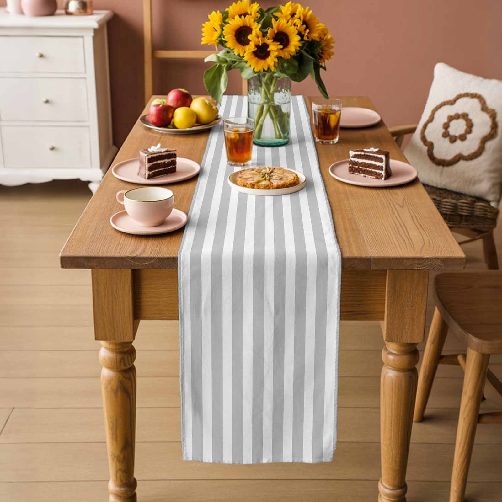 Grey Striped Table Runner, Modern Farmhouse Gray White Stripes Washable Cotton Linen Table Runners 72 Inches Long, Dresser Scarf Runner for Dining/Coffee/Kitchen/TV Stands/Cabinets 13''x72''