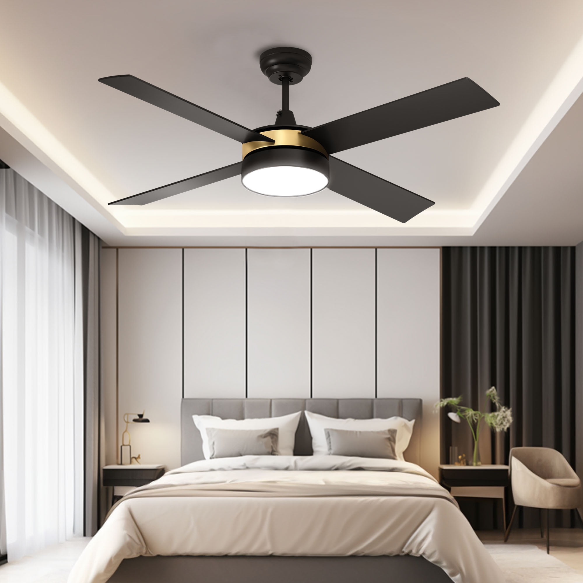 52in 4 Blades Modern Ceiling Fans with LED Light and Remote, 3 speeds and Night Light Mode - Black & Gold