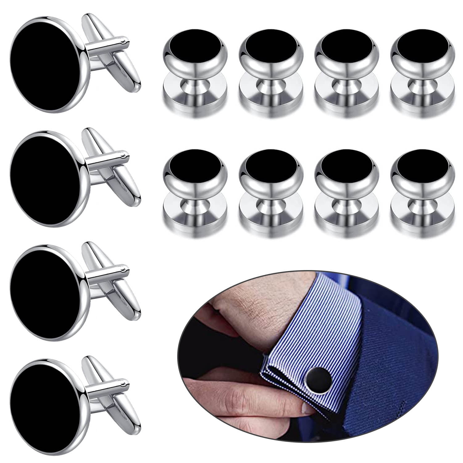 Mens Cufflinks and Studs Set Classic Round Buttons CuffLinks Studs Set