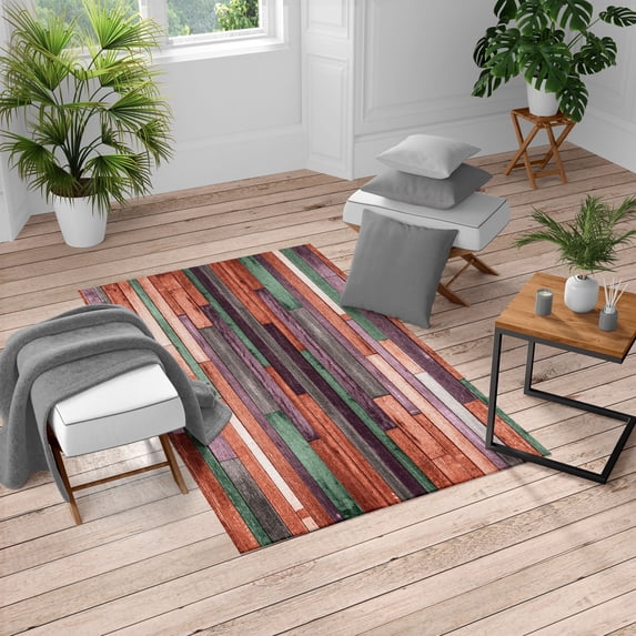 Wooden Print Turkish Area Rug, Brown Old Hardwood Floor Plank Grunge Lodge Garage Natural Rural Graphic, Soft Carpet for Living Room Decor with Distressed Look, 4' X 5.7', Cinnamon Peach, by Ambesonne