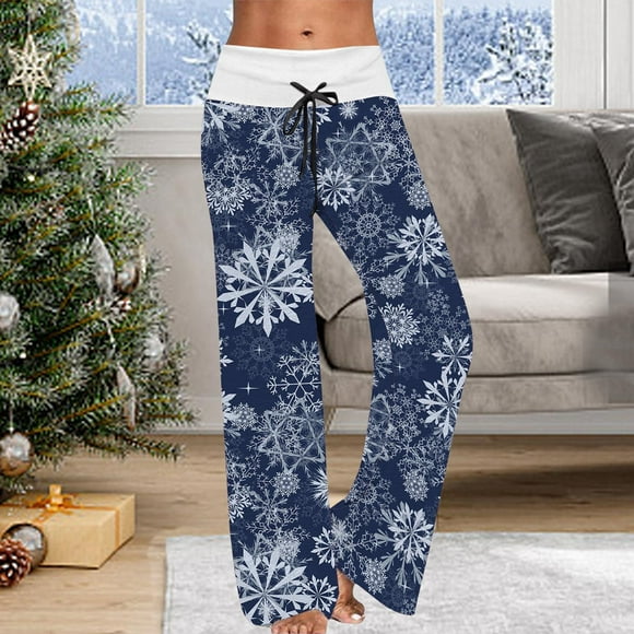 Mikilon Pantalons de Noël pour femmes hiver grande taille taille élastique pantalons de survêtement à jambes larges Xmas Elk flocon de neige pantalons à cordon lâche