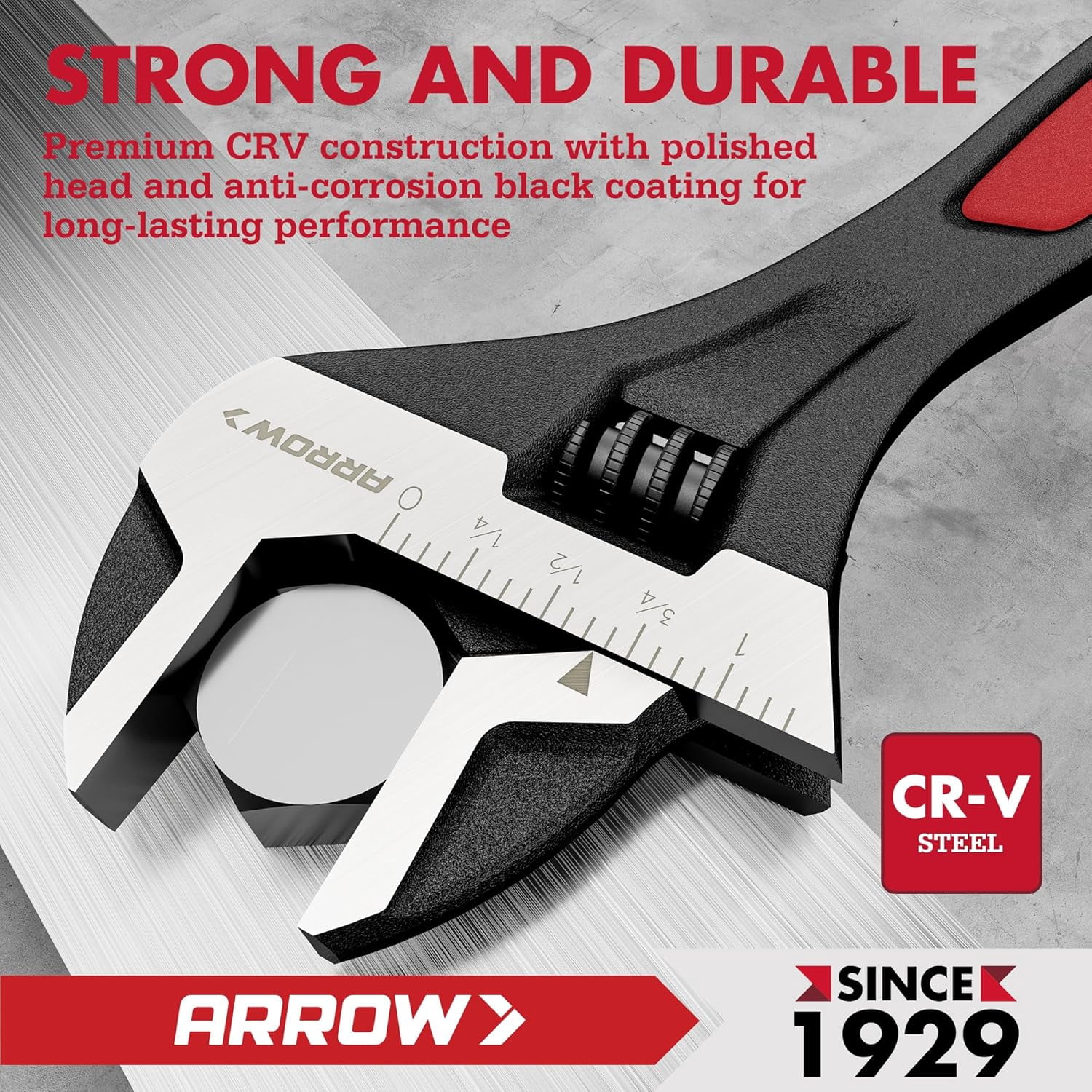 MKEUDQ-ARROW 10-Inch Adjustable Wrench, Cr-V Steel, Wide Jaw Black Oxide Wrench with Inch/Metric Laser Scales, Non-Slip Grip & Hanging Hole, for Home, Garage, Workshop and DIY