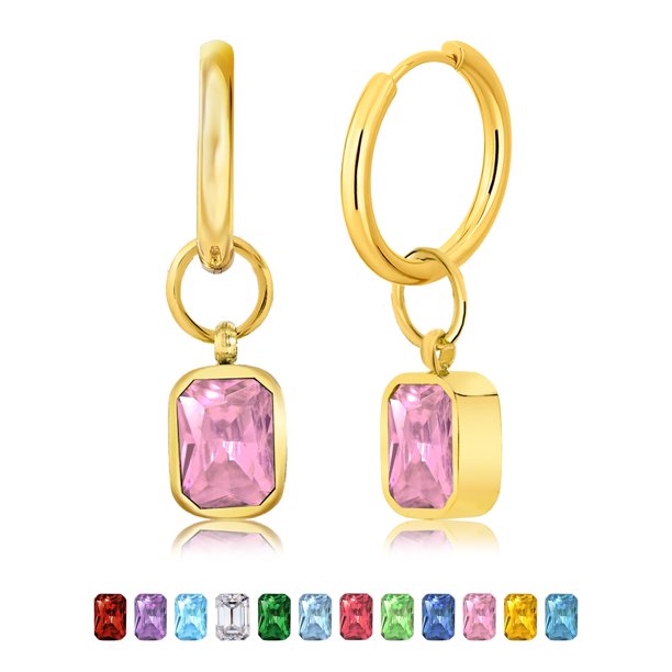 JeenMata Aros de 2 Quilates con Corte Esmeralda, Turmalina Rosa y Piedra Natal de Octubre, Chapados en Oro Amarillo
