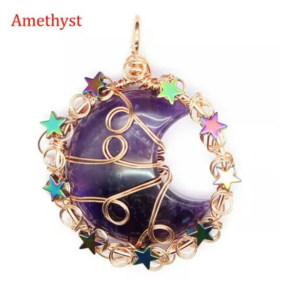 GKNET Natural Crystal Quartz Moon Carved Pendant Wire Wrap Titanium Metal Stars Charm-Amethyst