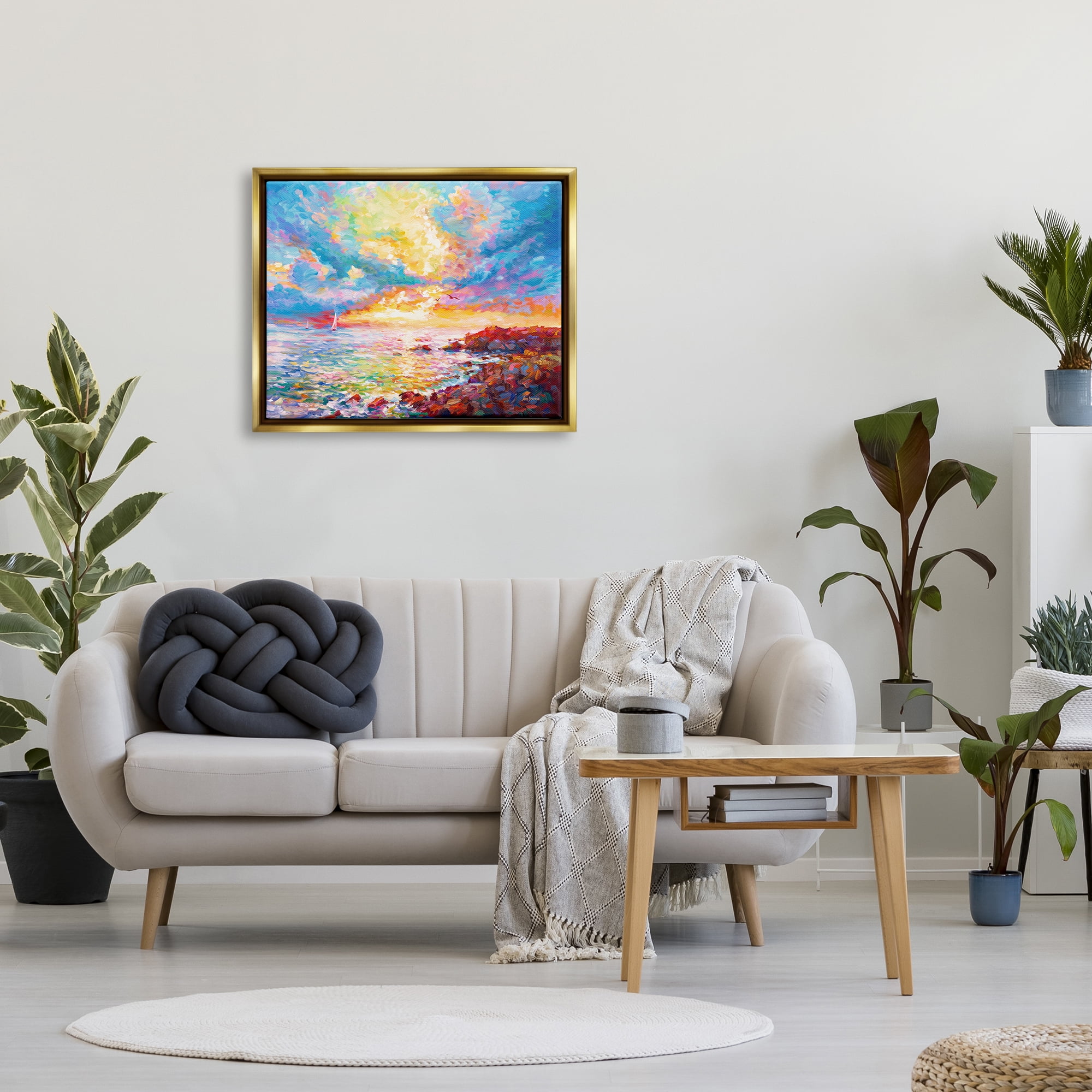 Stupell Industries Mediterranean Sunset Ocean Coast Landscape Painting Gold Floater Framed Canvas Art Print Wall Art, 31 x 25