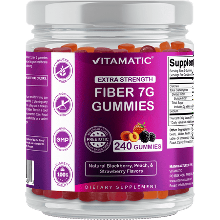Vitamatic Prebiotic Fiber Gummies for Adults, 7G Extra Strength, Zero Sugar Added, 240 Pectin Based Gummies, Digestive Health & Regularity Support