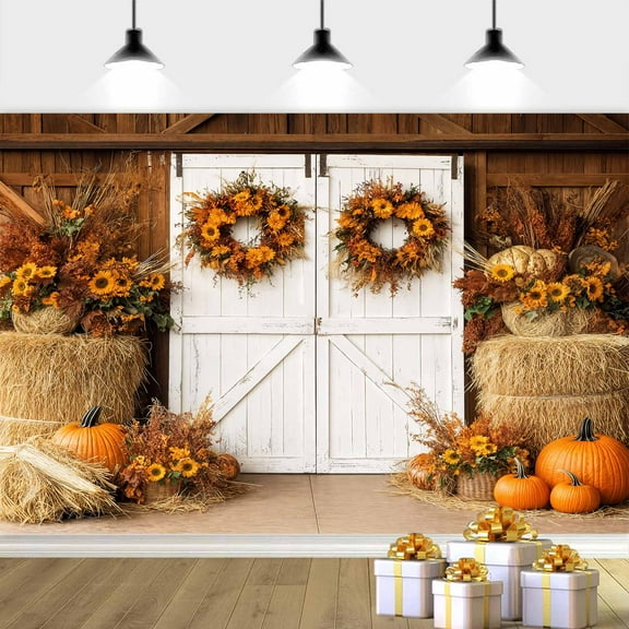 Fall Thanksgiving Backdrop Wood Door Backdrop Autumn Pumpkins Leaves Sunflower Backdrop Thanksgiving Baby Shower Banner Supplies Photo Booth Prop 7x5ft