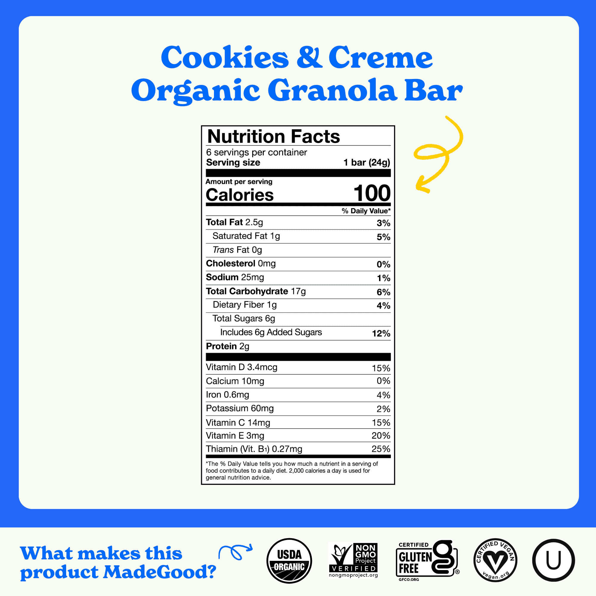 (3 pack) MadeGood Cookies & Crème Granola Bars, 6 Healthy Snack Bars, 0.85 oz Each