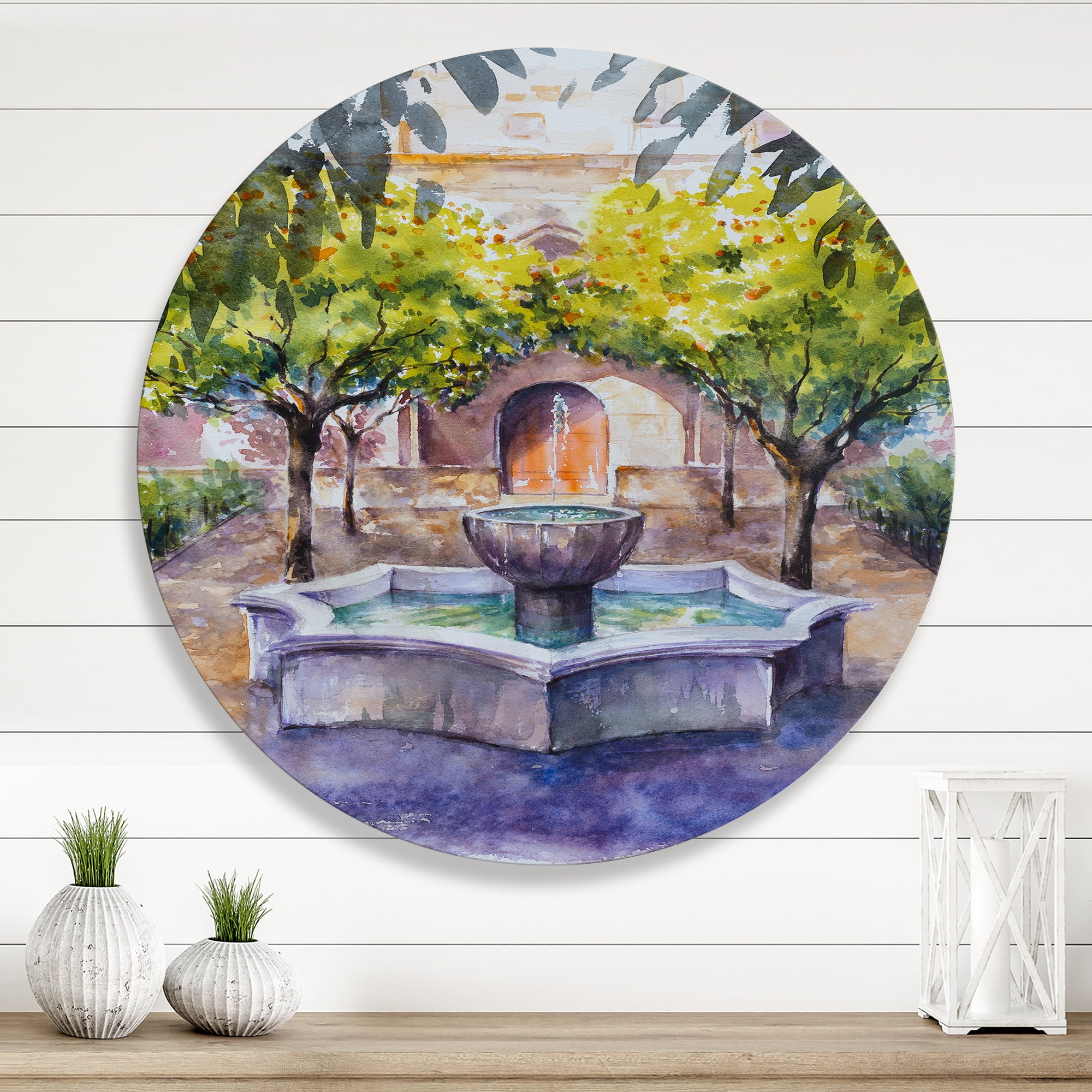 Designart 'Small Fountain With Trees In The Village House' Country Circle Metal Wall Art 11x11 - Disc of 11