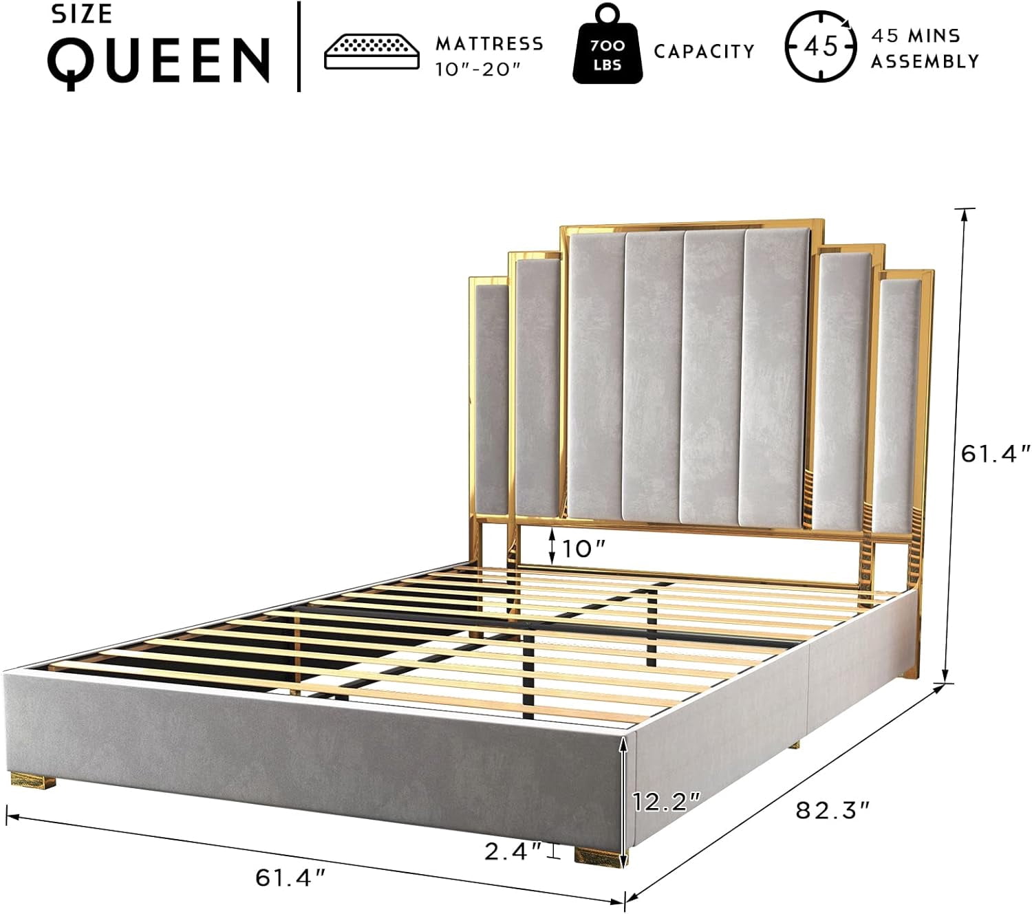 Merluxy Queen Size Bed Frame and 61" Headboard, Upholstered Bed with Golden Plating Trim, Modern Platform Bed No Box Spring Needed, Light Grey