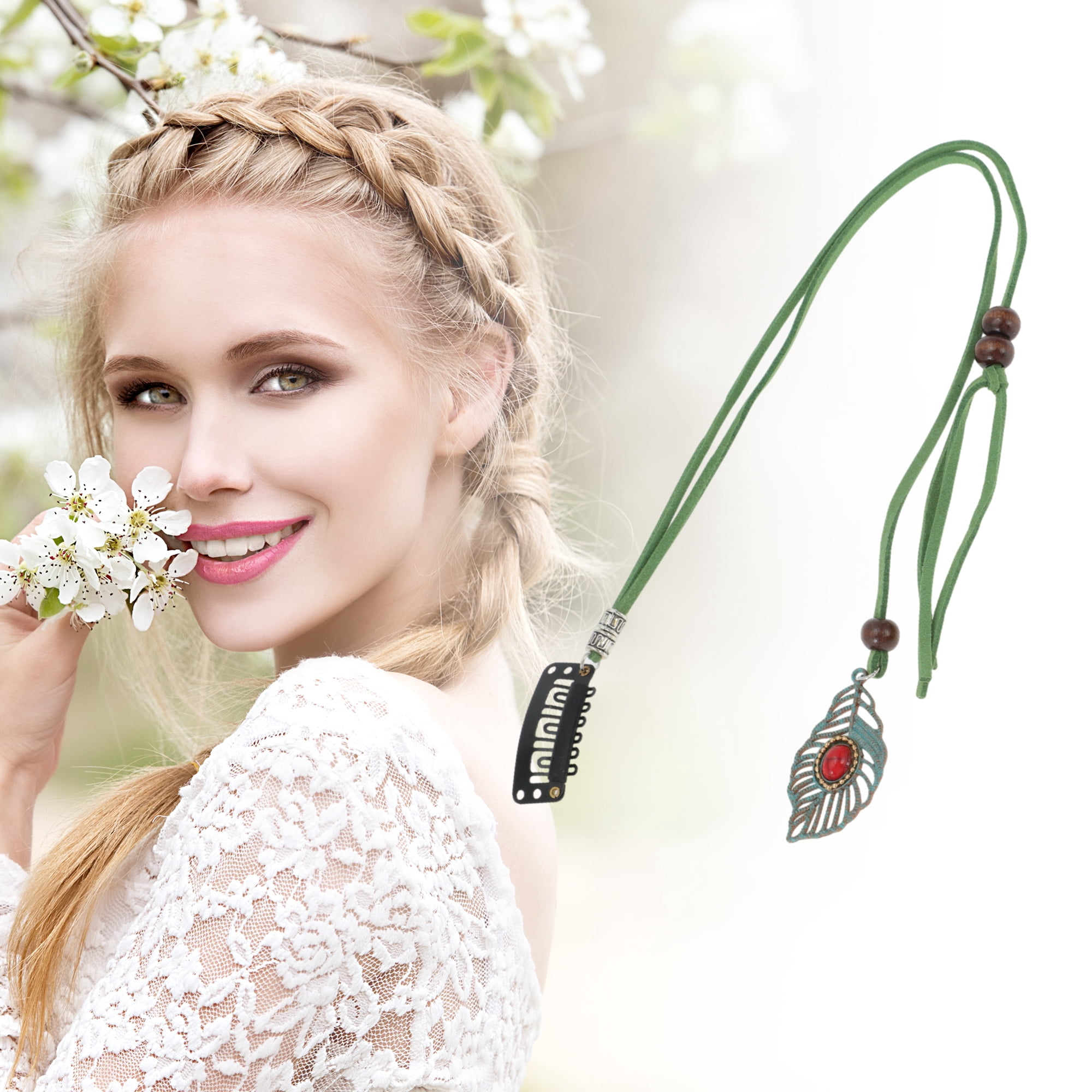 Unique Bargains Elegant Leaf Braided Hair Chain 1Pc Stylish Accessory Light Green 11.81"