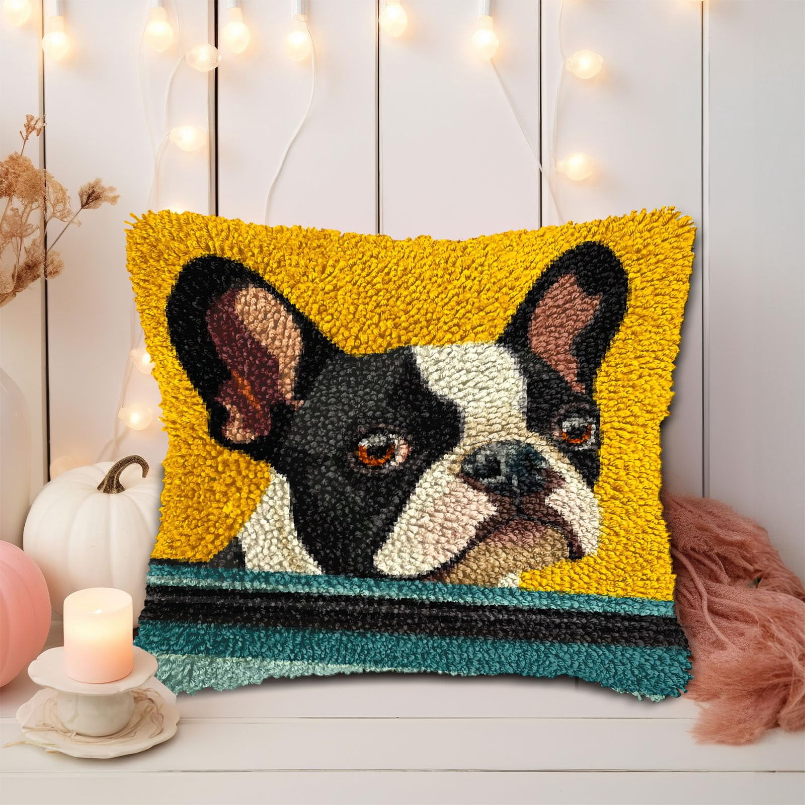 DIY Latch Hook Pillow Kits for Adults Cute Boston Terrier Dog in Car Printed Pillowcase Crochet Yarns Hooking Handmade Pillow Cover Cushion for Home Sofa Decoration 17x17inch(3)