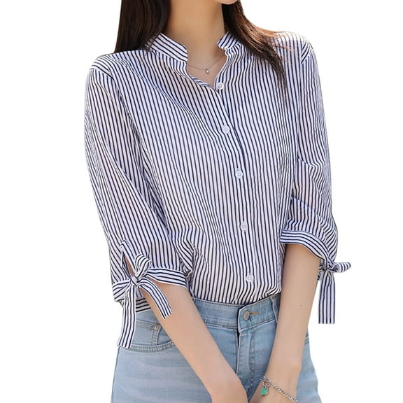 ZANZEA Women Striped Shirts 3/4 Sleeve Button Blouse Casual Loose Office Tops