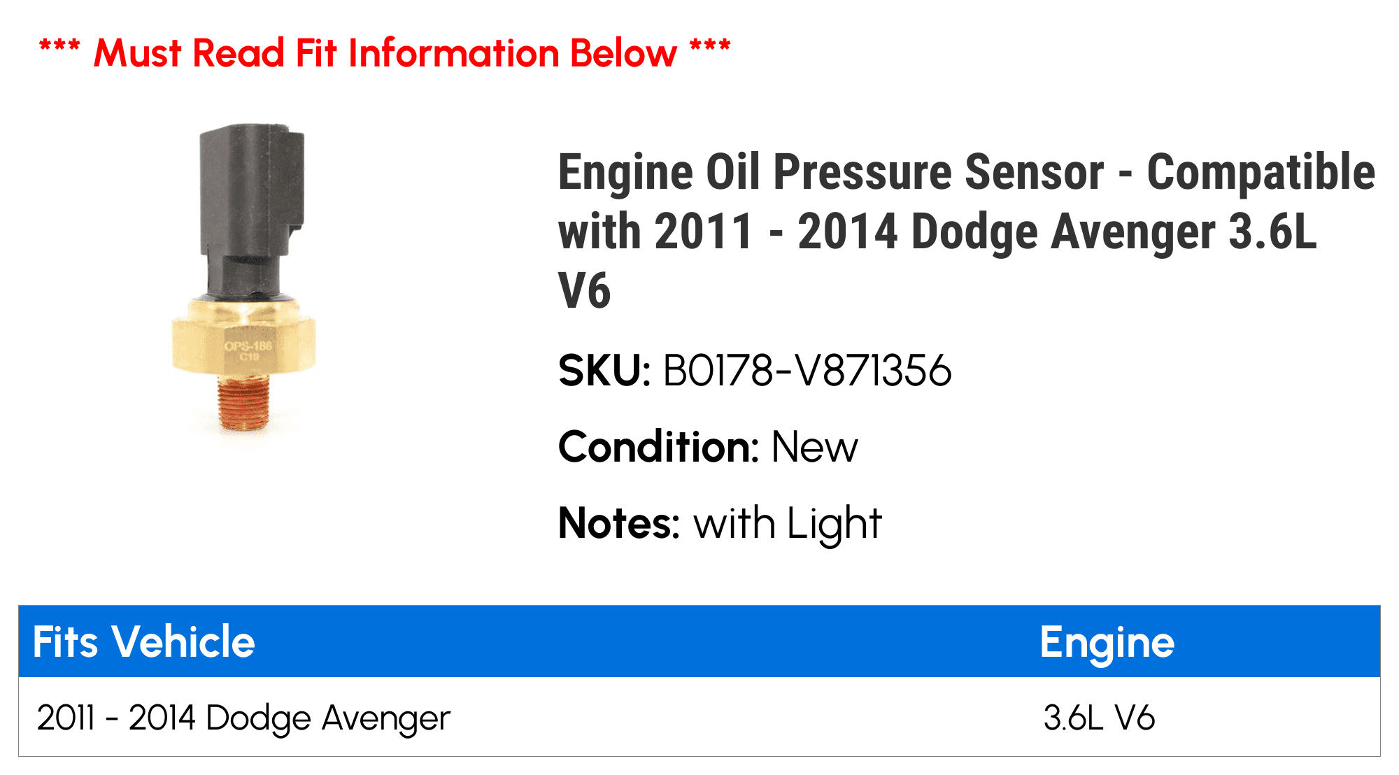 Engine Oil Pressure Sensor - Compatible with 2011 - 2014 Dodge Avenger 3.6L V6 2012 2013