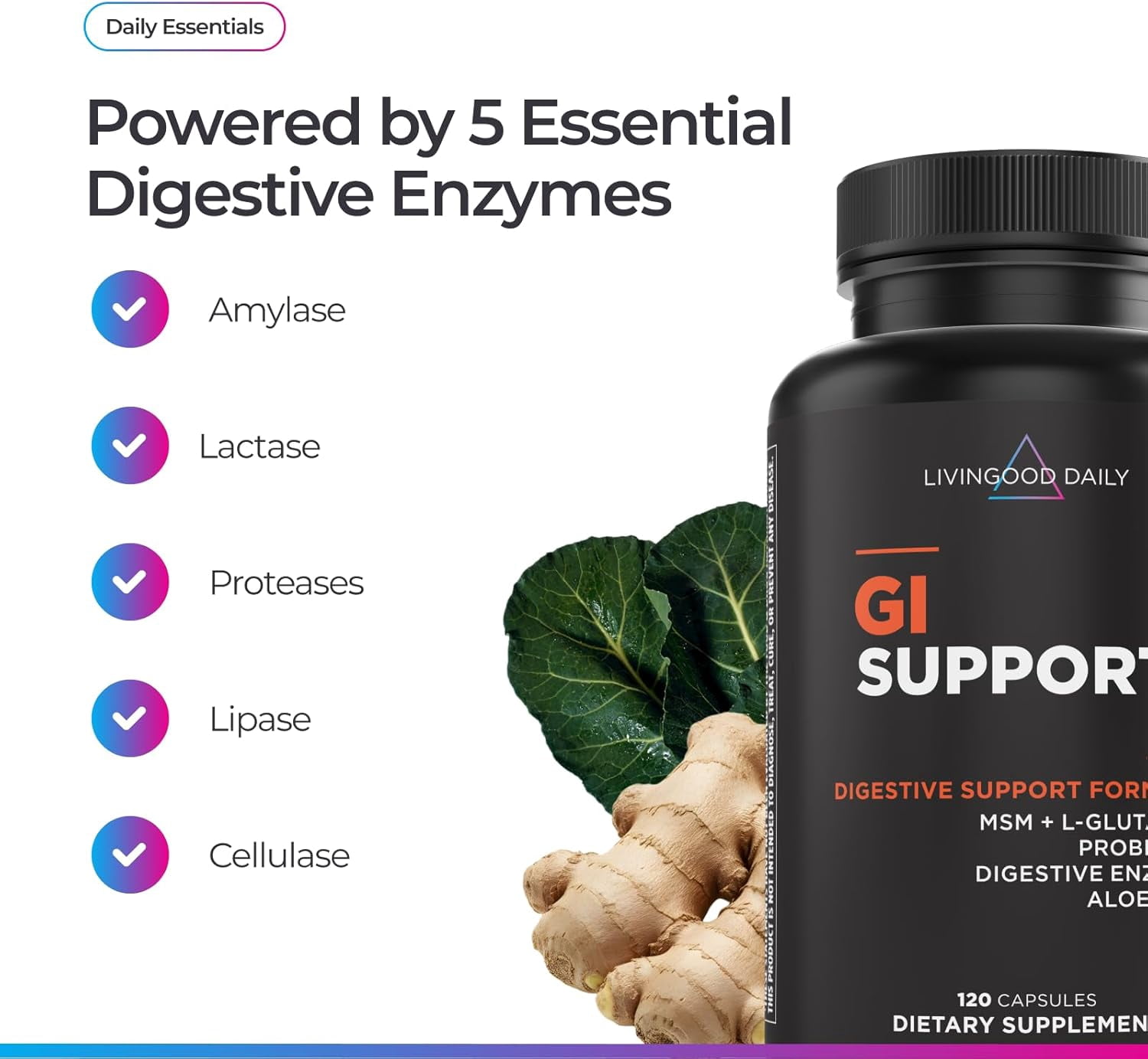 Livingood Daily Gut Cleanse Detox Supplement, 13-in-1 GI Support with L Glutamine, Aloe Vera, Digestive Enzymes, Probiotics & MSM, Vegetarian Capsules, Gluten Free, Non GMO, Allergen Free, 120 Count