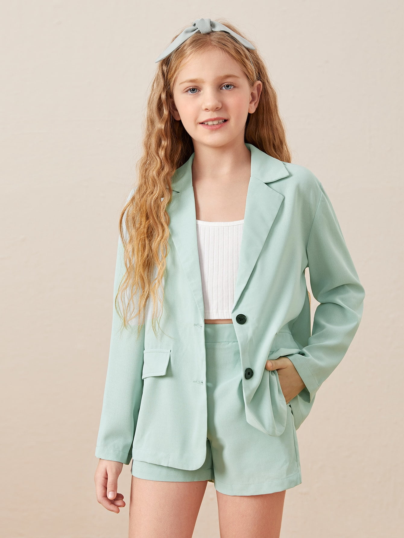 Girls Lapel Collar Flap Detail Blazer 