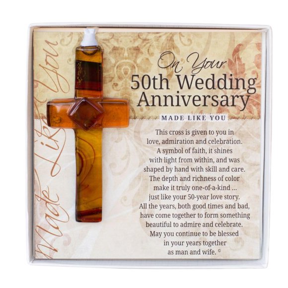 The Grandparent Gift Co. Handmade Glass Cross with 50th Wedding Anniversary Wishes