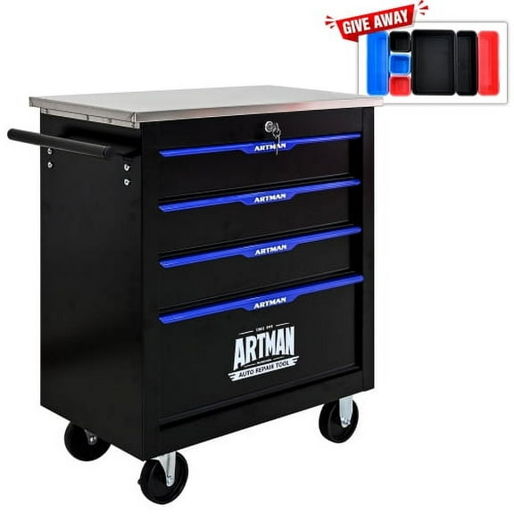 POVANLi 4 Drawers Multifunctional Tool Cart with wheels,Key Locking and 4 Toolbox On Wheels, Metal,Suitable for Garages,Warehouses,Workshops,Repair Shops(Black Blue)
