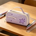 thumbnail image 6 of Large Capacity Pencil Case,Cute Plaid Star Embroidery Decor Portable Pencil Pouch for Home Office Workplace,Purple, 6 of 9