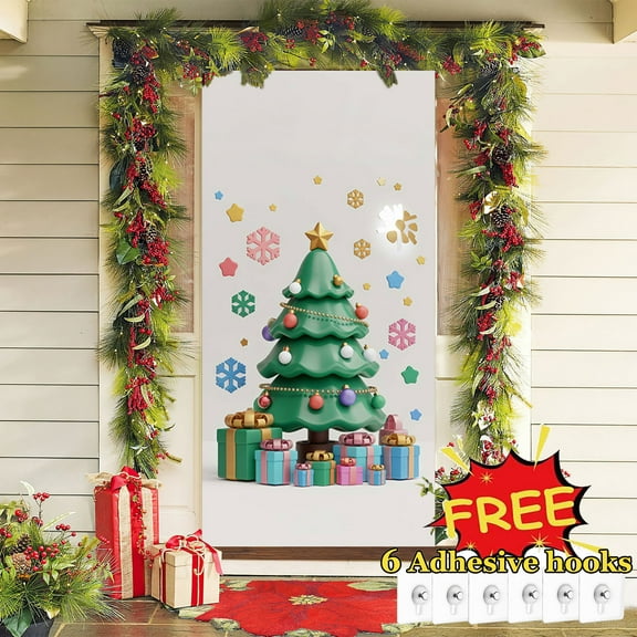 Tarmeek Christmas Door Cover Decorations, Christmas Tree Backdrop Front Door Cover Xmas Decor Hanging Banner, Photography Background for Home Holiday Christmas Decorations