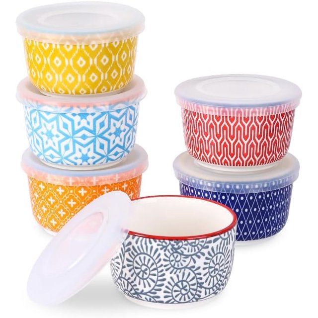 Selamica 6 oz Ramekins with Lids Oven Safe, Creme Brulee Ramekins Souffle Dishes with Covers, Pudding Custard Cups Stackable Ceramic Mini Ramekin Bowls Set for Baking, Dipping, Set of 6, Assorted