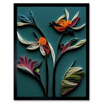 Modern Paper Quilling Bird on Exotic Flower Plant Leaves Blue Orange Teal Art Print Framed Poster Wall Decor 12x16 inch