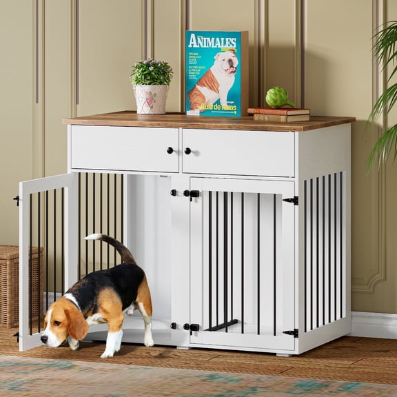 TIMHAKA Dog Crate Furniture w/ 2 Drawers, 41’’ Wooden Indoor Dog Cage w/ Divider, Double Doors, White
