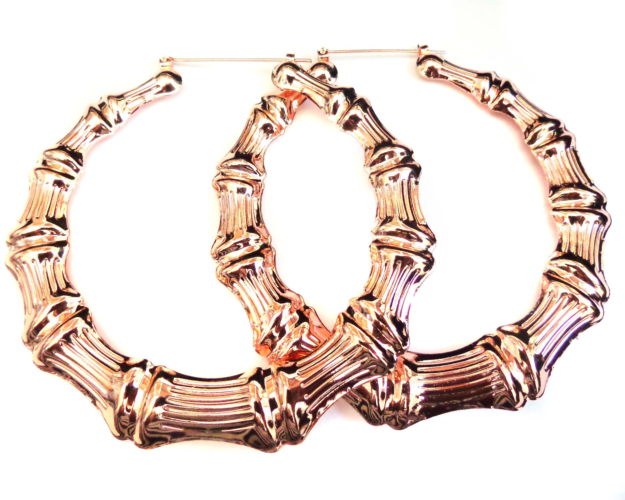 Extra Large Rose Gold Plated Bamboo Hoop Earrings 4 inch Hoops