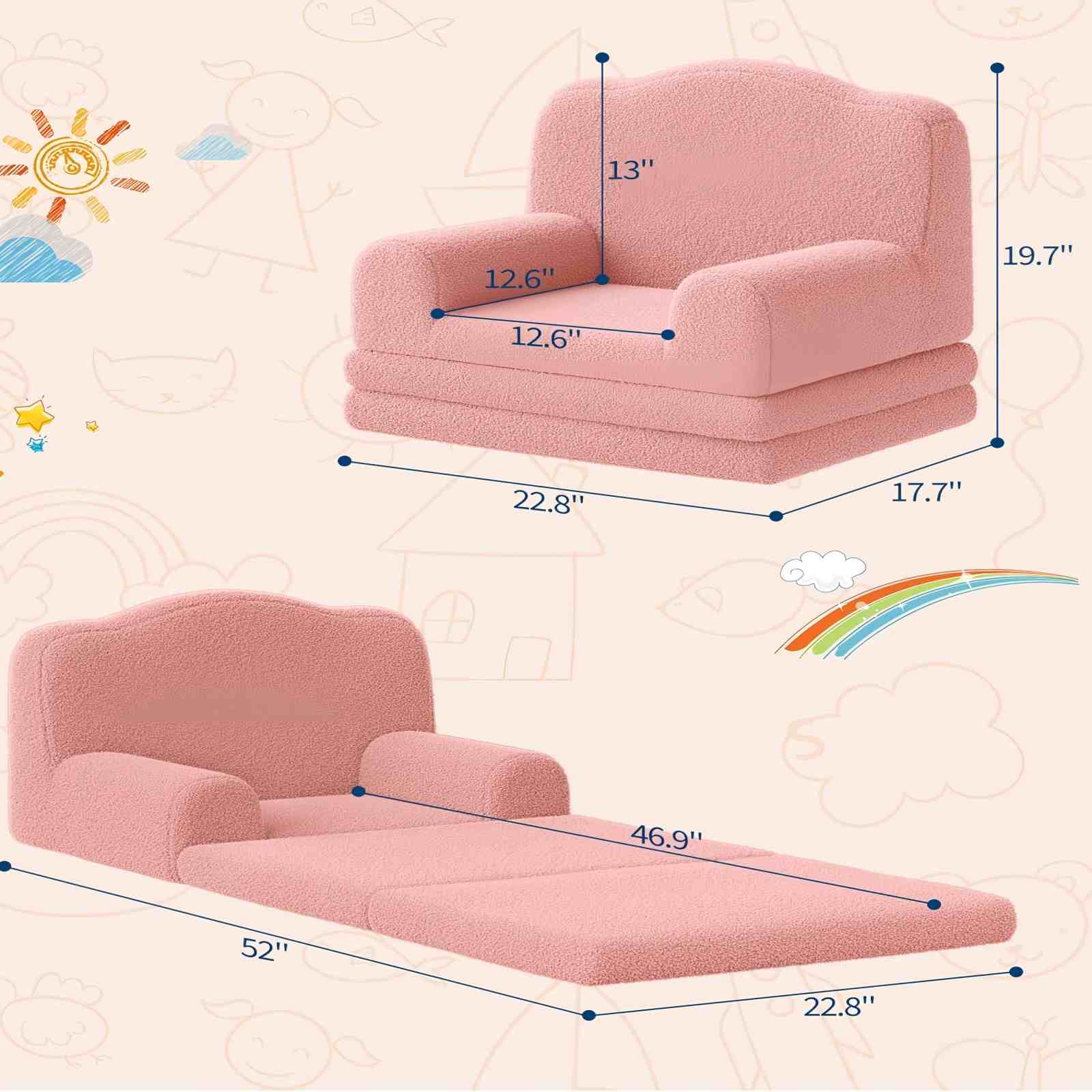 COZONY 2-in-1 Kids Couch, Convertible Toddler Sofa Chair, Fold-Out Teddy Fleece Lounger, Kid’s Sofa Bed